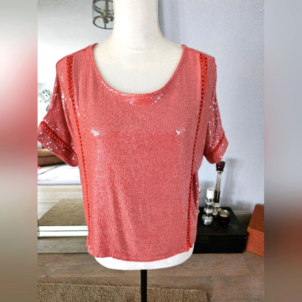 Belle France Bling Sequined Short Sleeve Off Shoulder Top Small Dark Peach Small